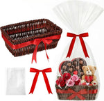 Threehoney wicker gift basket empty dark brown front view shown with included clear wrapping bag and red silk bow ribbon