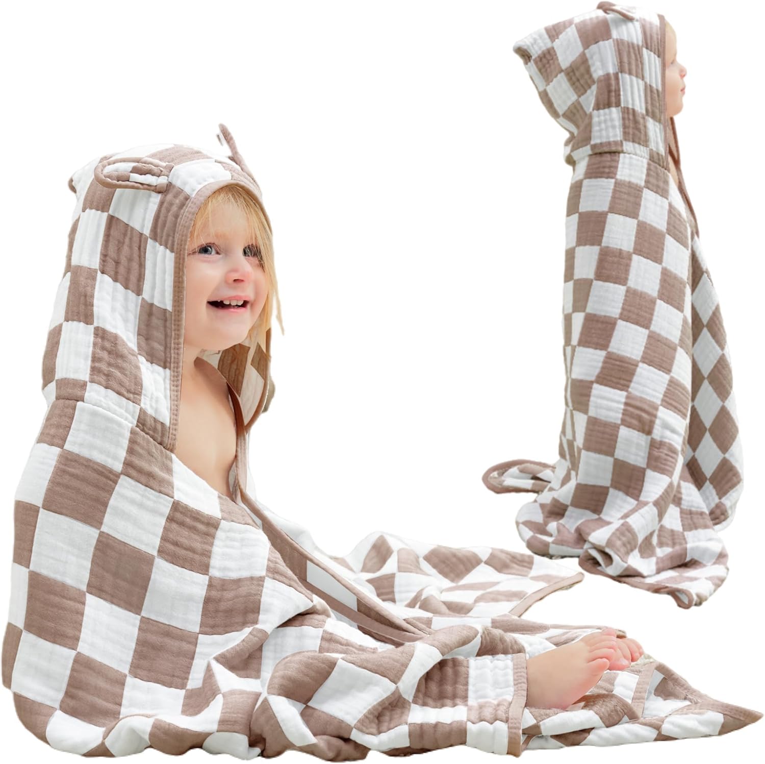 HardNok muslin toddler hooded towel coffee checkered front view