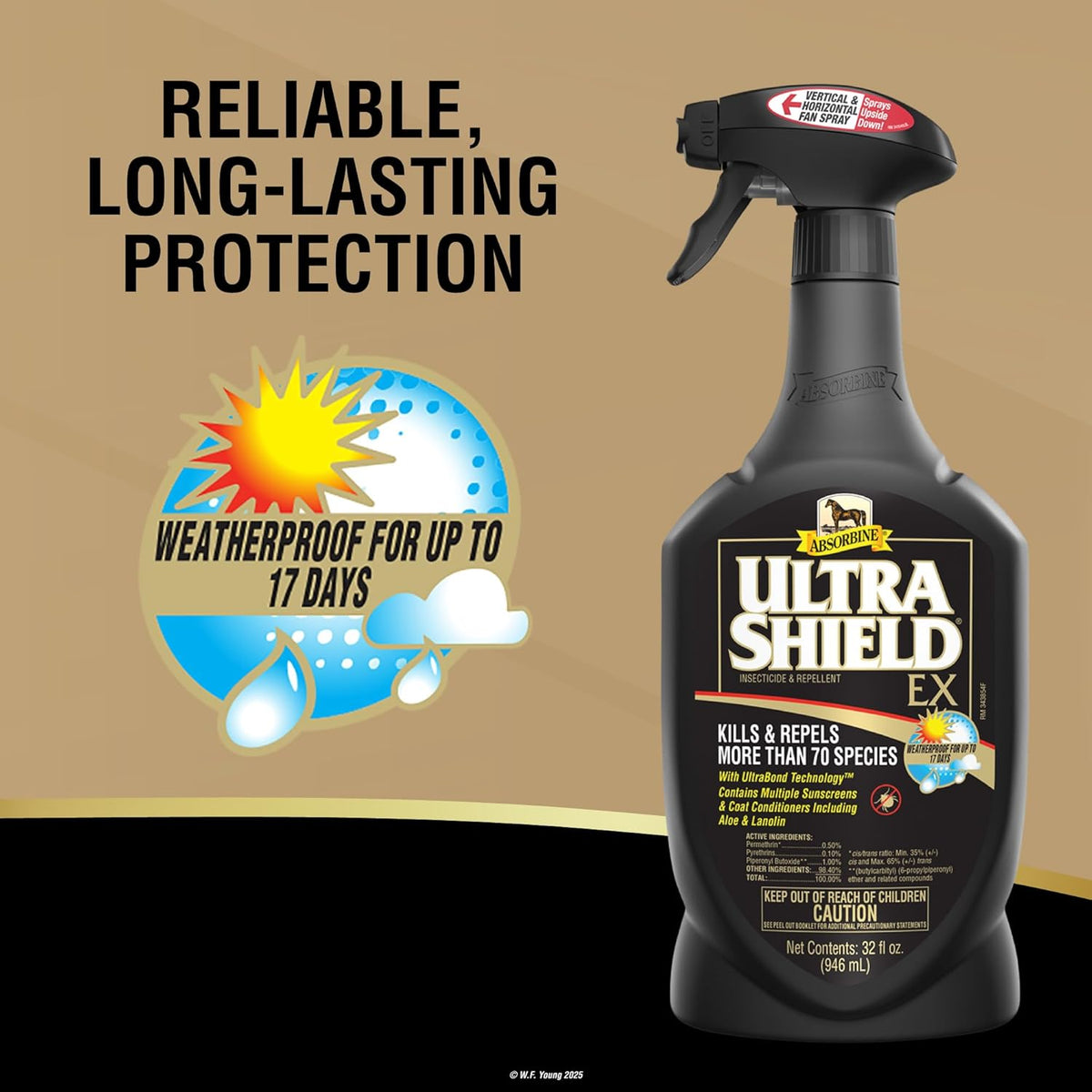 Absorbine UltraShield EX multi species insecticide container highlighting aloe and lanolin enrichment