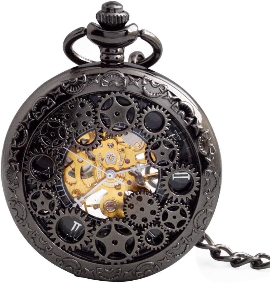 BOSHIYA Mechanical Pocket Watch Luminous Steampunk Vintage Pocket Watch/with Chains/Hand Wind Up/Black Skeleton/Dial Roman Numberals... - Image 10