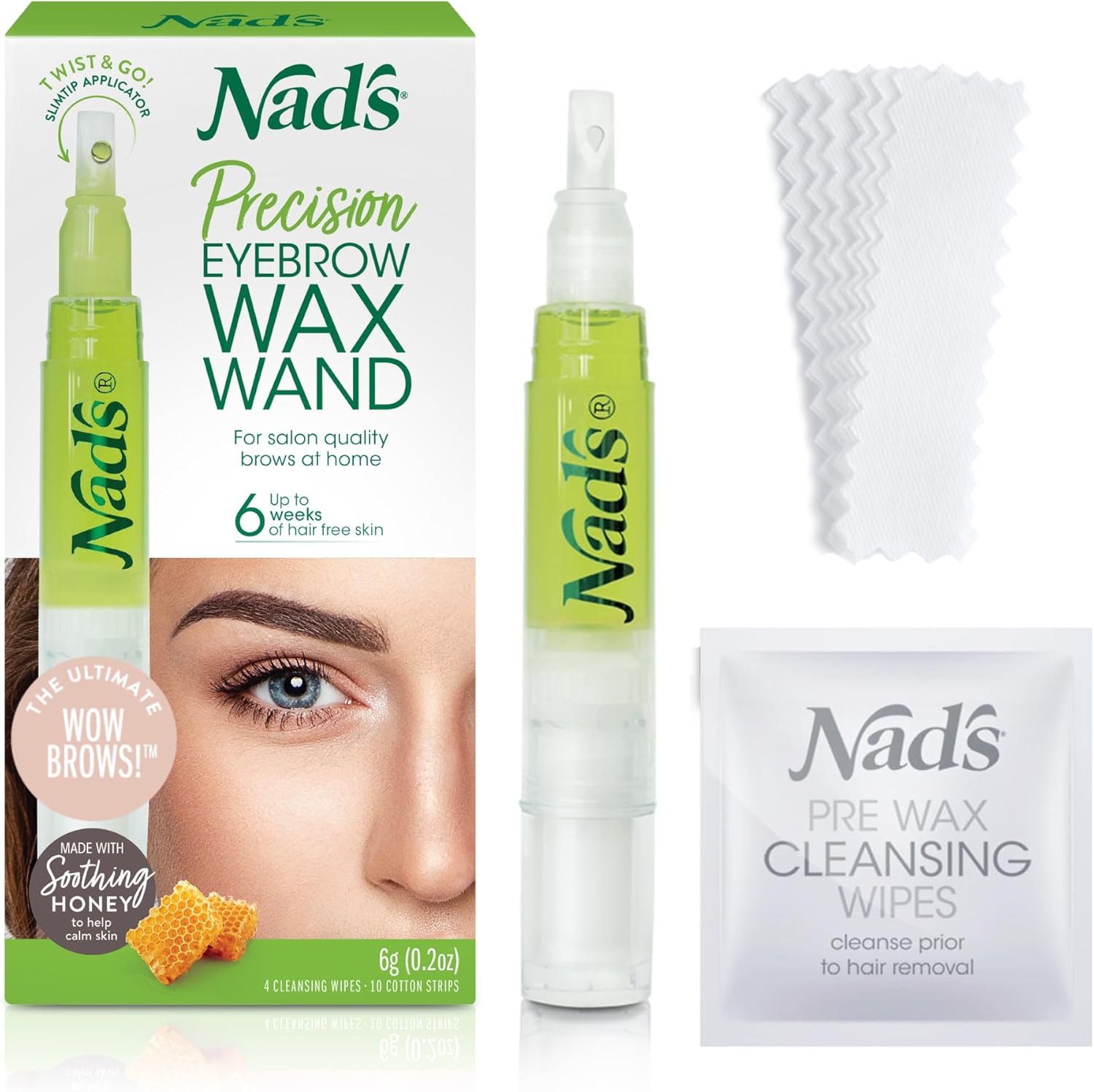 Nad's Eyebrow Shaper Wax Kit front view packaging showing precision wand and cotton strips
