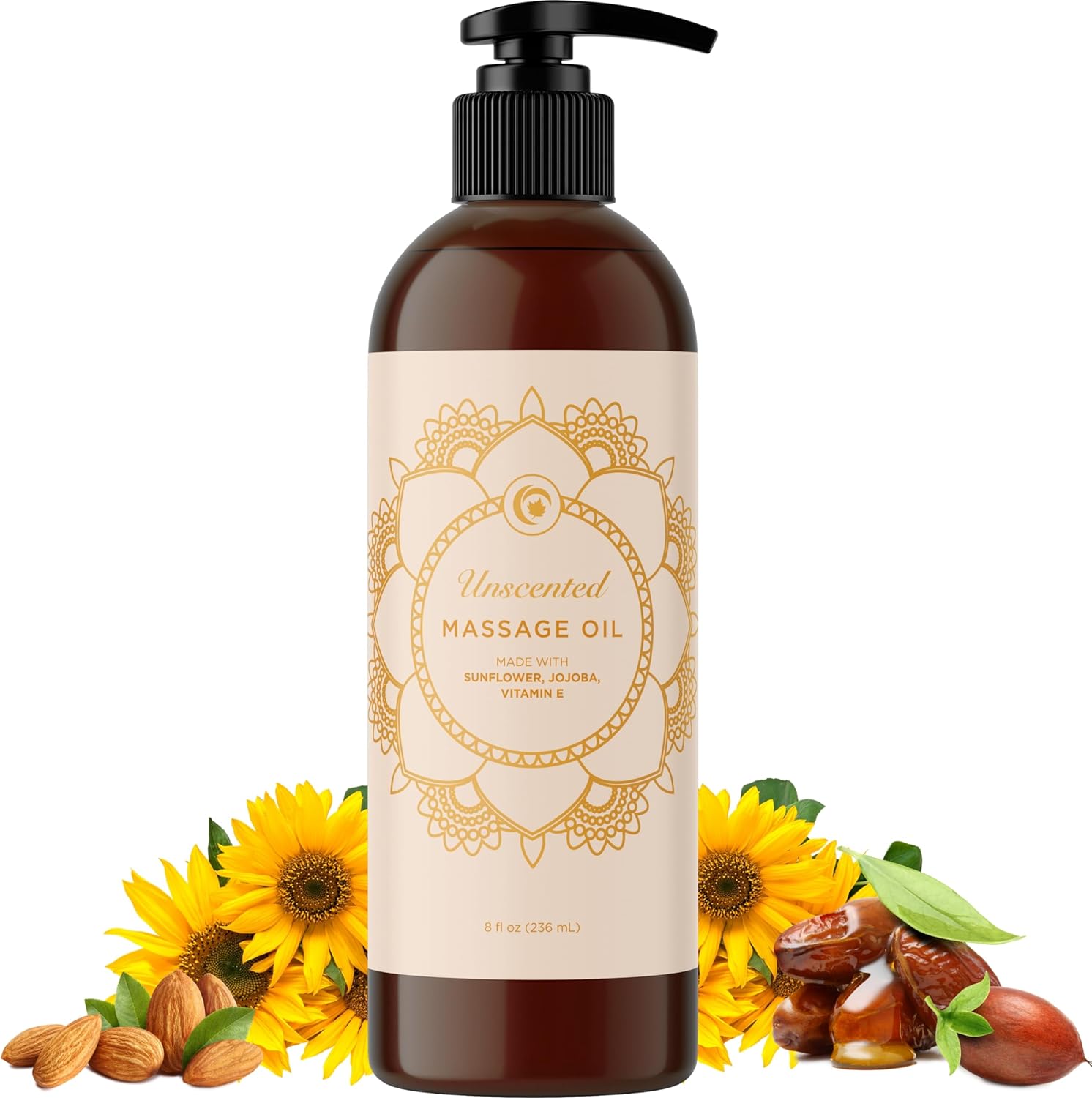 Unscented Massage Oil for Massage Therapy - Gentle and Luxurious Unscented Body Oil Full Body Care with Sweet Almond Sunflower Jojoba and Vitamin E - Vegan Non GMO & Gluten Free (8 Fl Oz) - Image 1