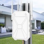 INEAUTO AX3000 Outdoor WiFi 6 Extender front view displaying the weather-resistant white outer casing and multiple long-range antennas.