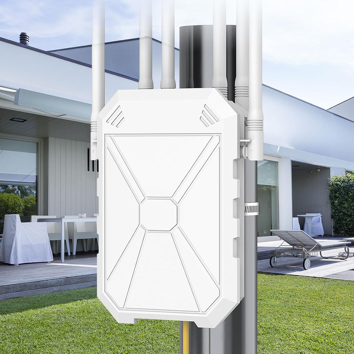 INEAUTO AX3000 Outdoor WiFi 6 Extender front view displaying the weather-resistant white outer casing and multiple long-range antennas.