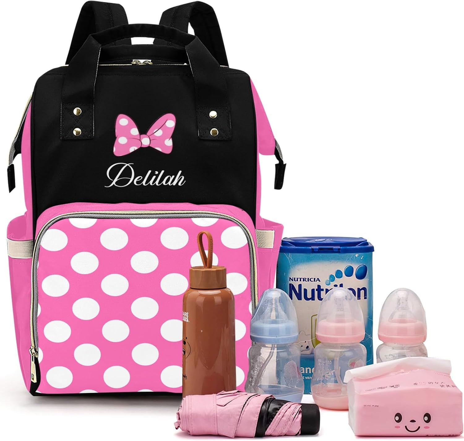 Qubist custom personalized pink diaper bag backpack front view showcasing personalized name embroidery area