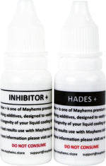 Mayhems Hades Plus and Inhibitor Plus liquid cooling additive bottles front view