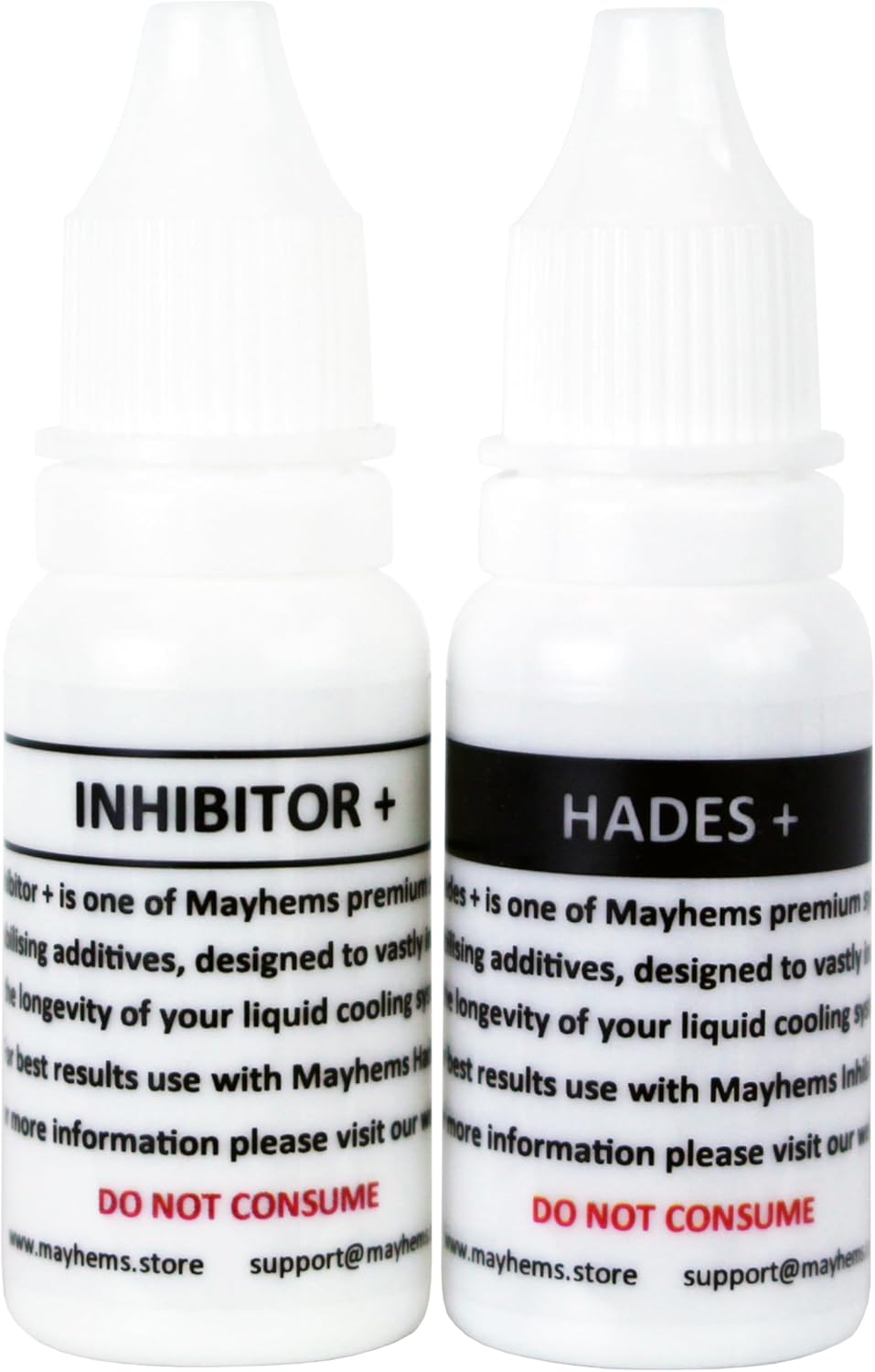 Mayhems Hades Plus and Inhibitor Plus liquid cooling additive bottles front view