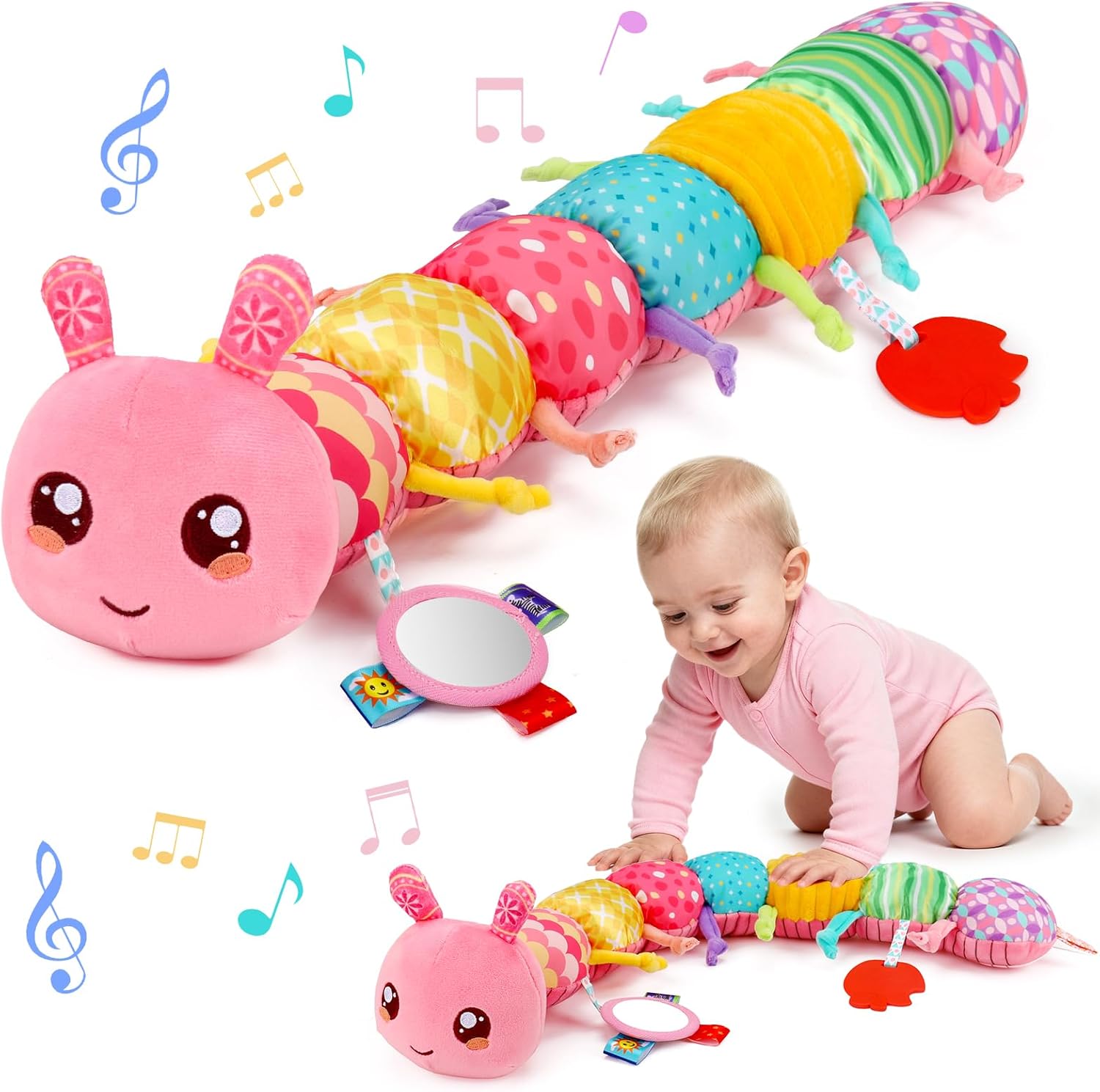 Thremhoo musical stuffed caterpillar toy front view showing pink plush body segments.