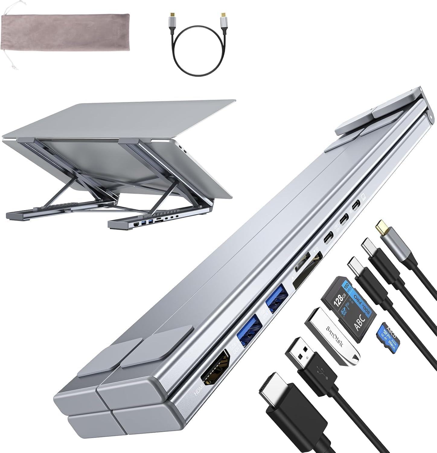 Umaniy M57 8 in 1 USB C Laptop Docking Station Stand front view showcasing aluminum frame and adjustable joints.