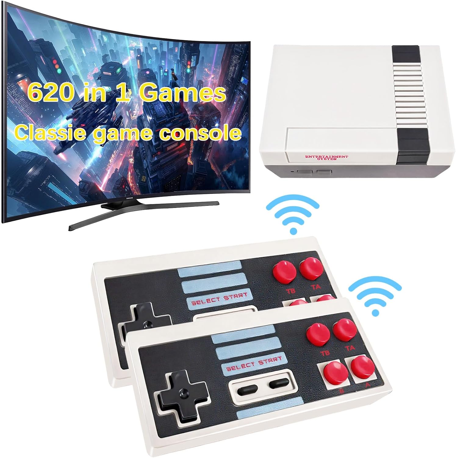 Binffgm Classic Retro Game Console front view showing compact main unit with 621 preloaded video games.