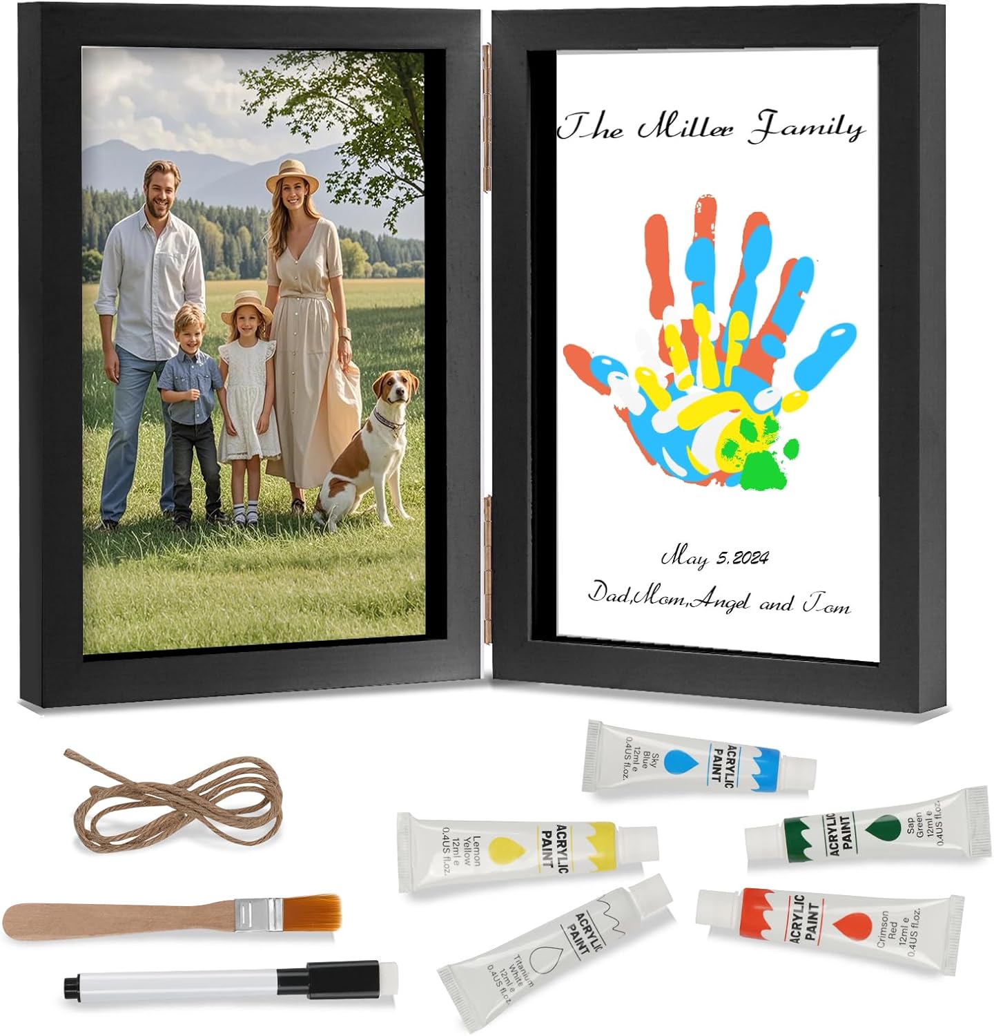 Nabance Family Handprint Kit front view displaying overlapping colorful handprints in a wooden frame.