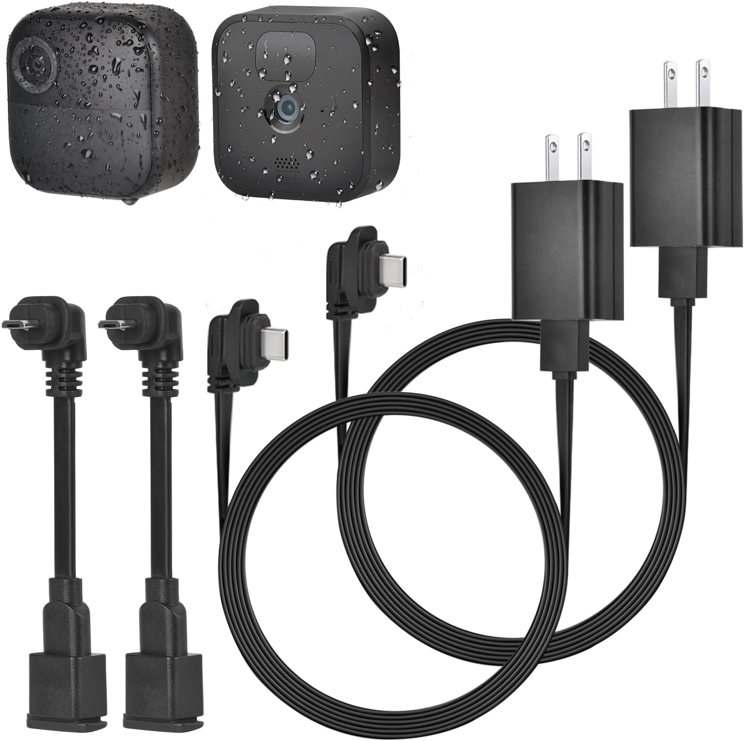 Delilyn weatherproof power cable and adapter kit front view showing two flat extension cords for security cameras.
