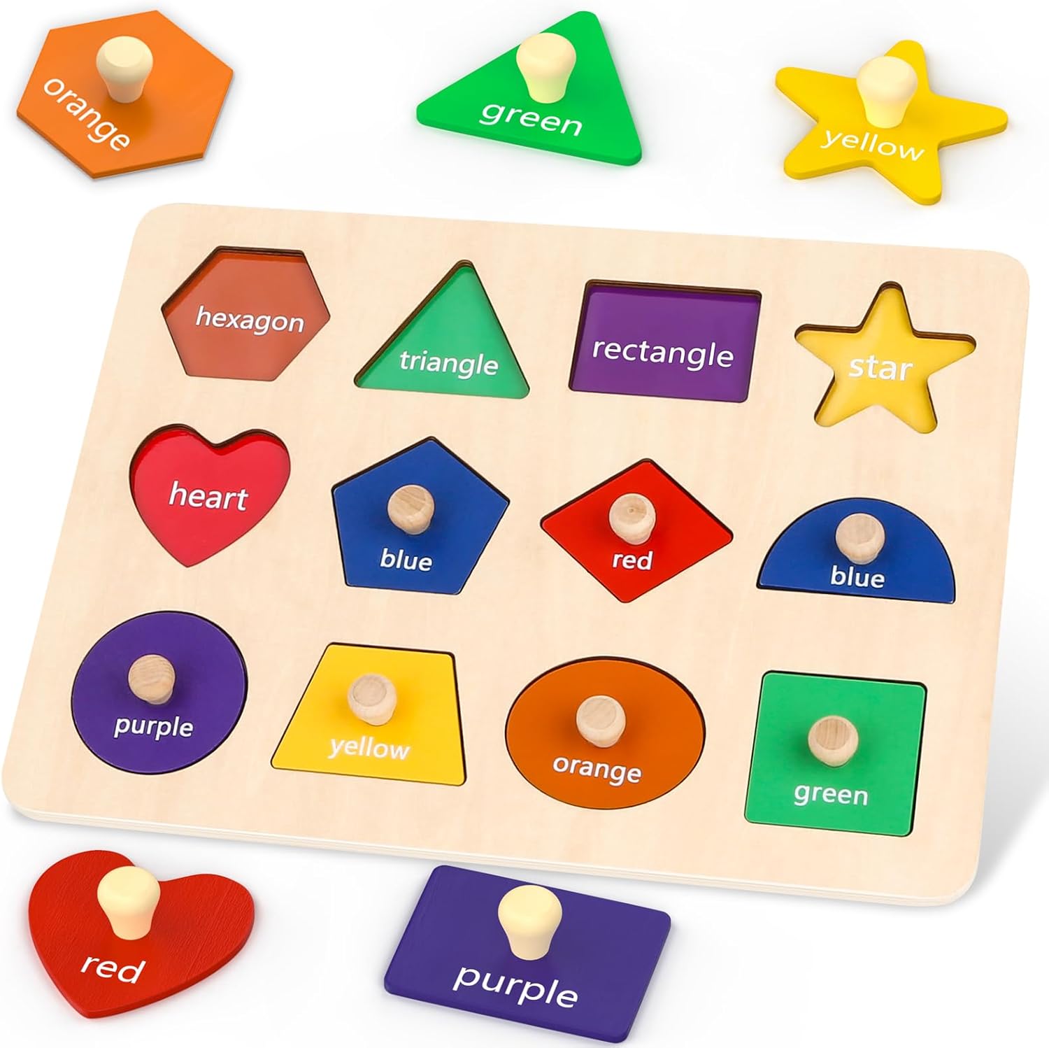 Jumlys Montessori Wooden Shape Learning Peg Puzzle front view showcasing twelve colorful geometric shapes on a natural wood board.