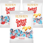 Side view of the large bulk bag of Roshen Sweet Drop caramel confections