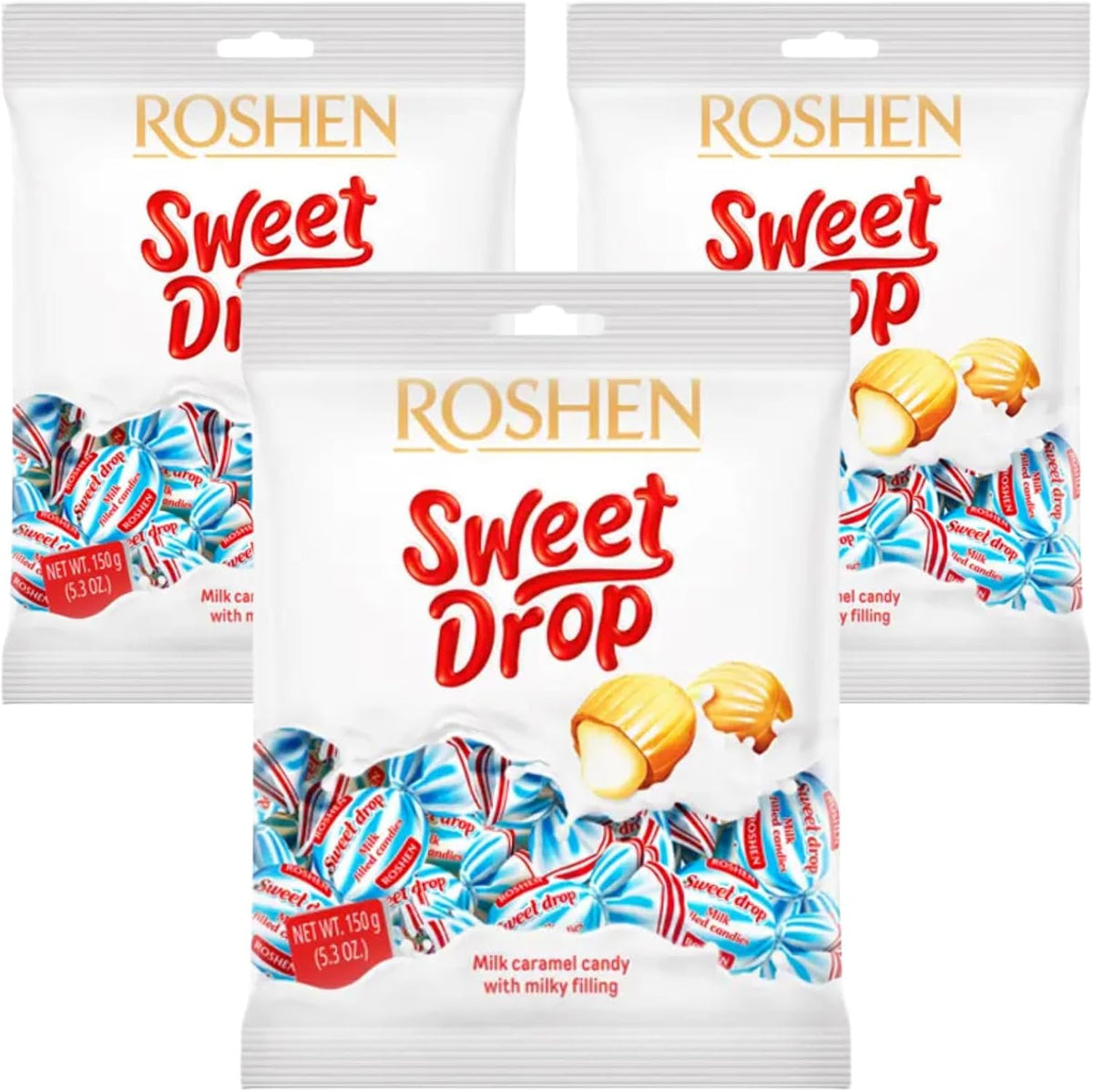 Side view of the large bulk bag of Roshen Sweet Drop caramel confections