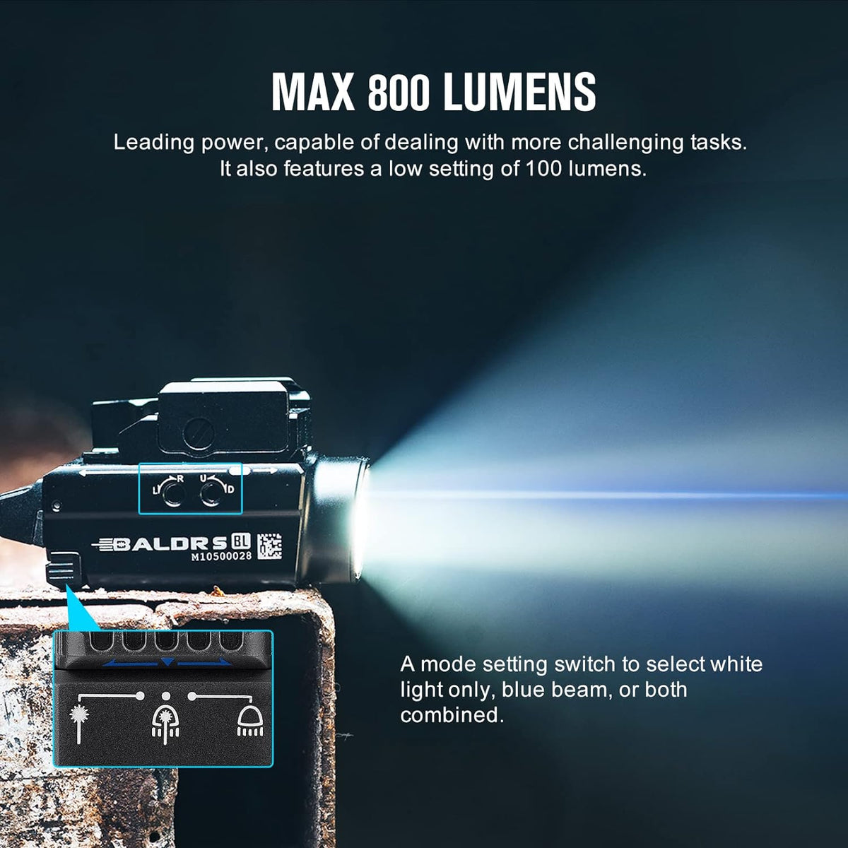 Olight compact flashlight mounted on rail system