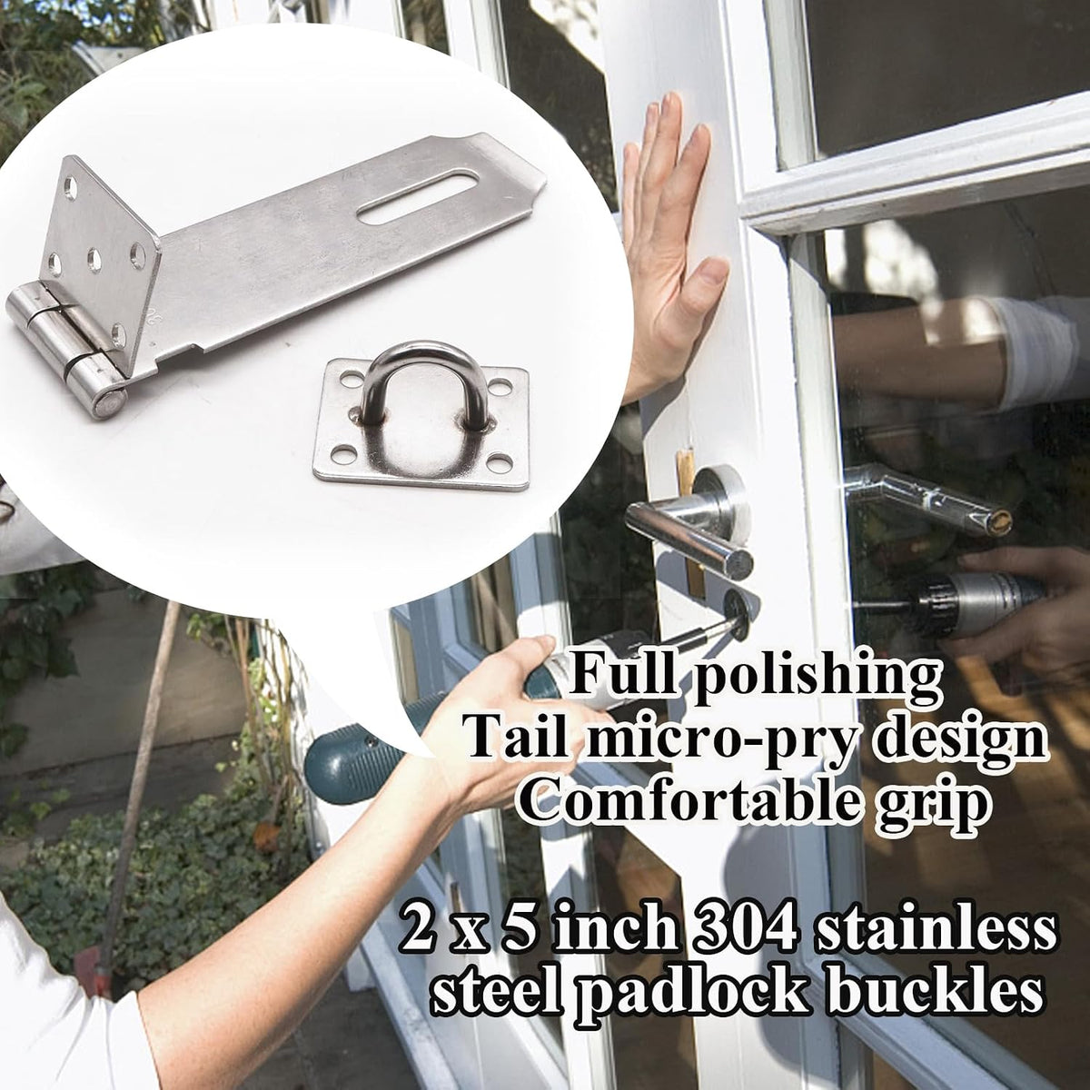 Sunxeke 304 stainless steel safety clasp showing mounting screw holes
