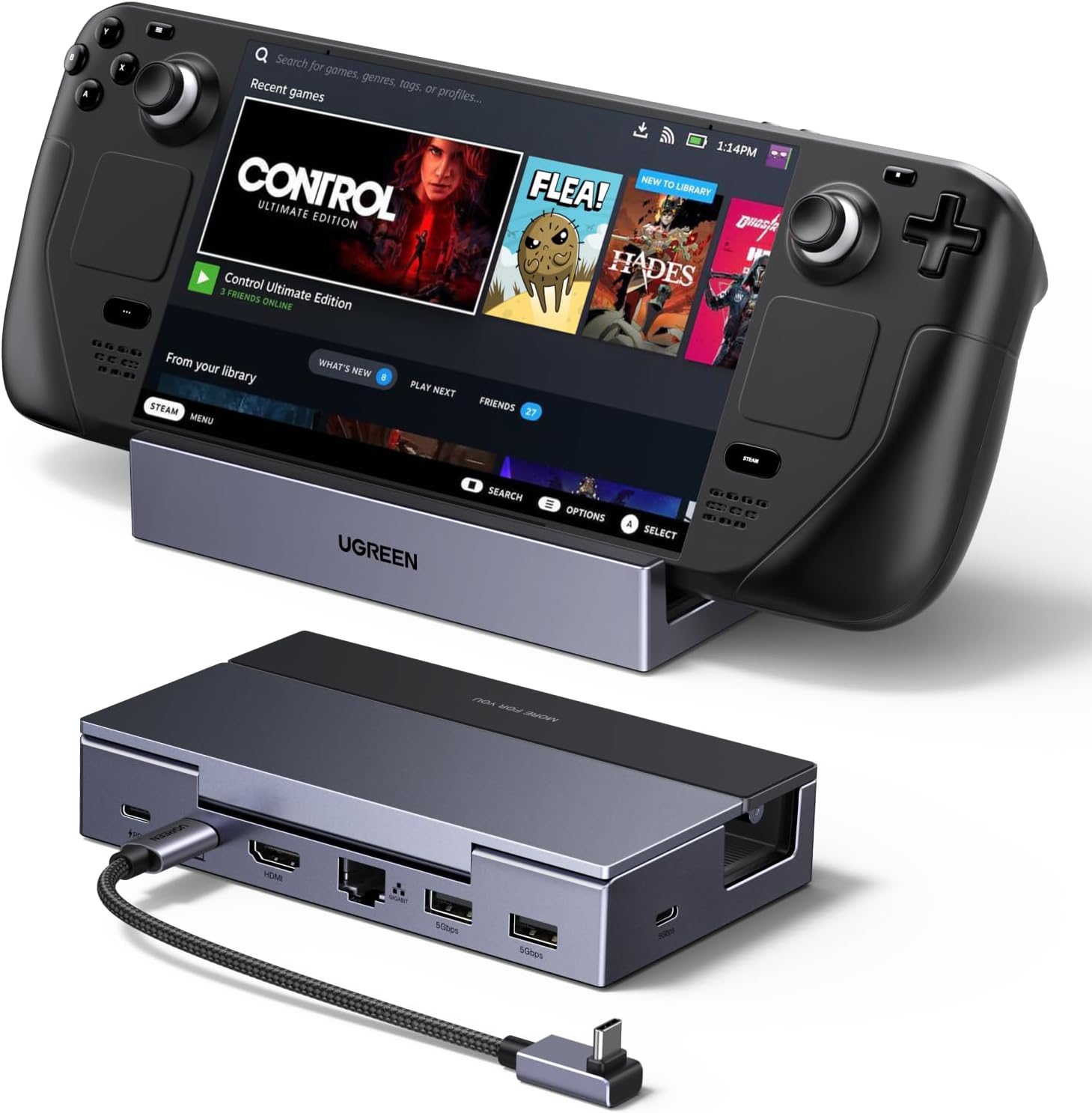 UGREEN Steam Deck Docking Station front view holding a gaming console on a desk.