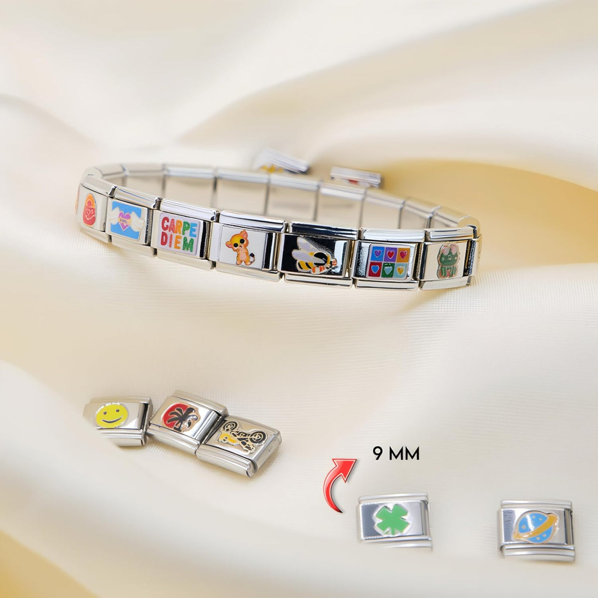 Side angle view of the flexible modular charm bracelet band