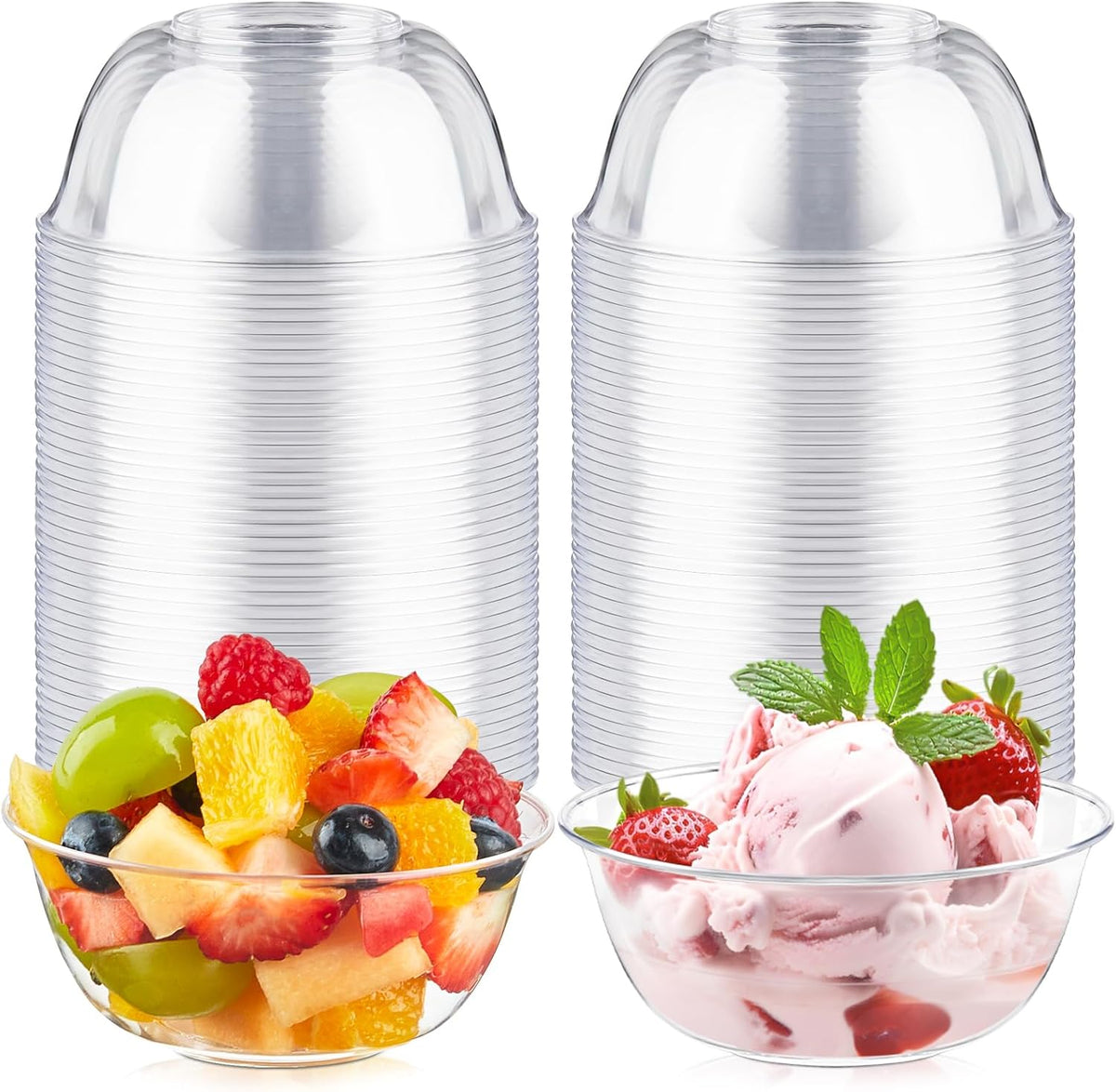 Qeirudu 10 Ounce Clear Plastic Bowls 60 Pack front view for party serving.
