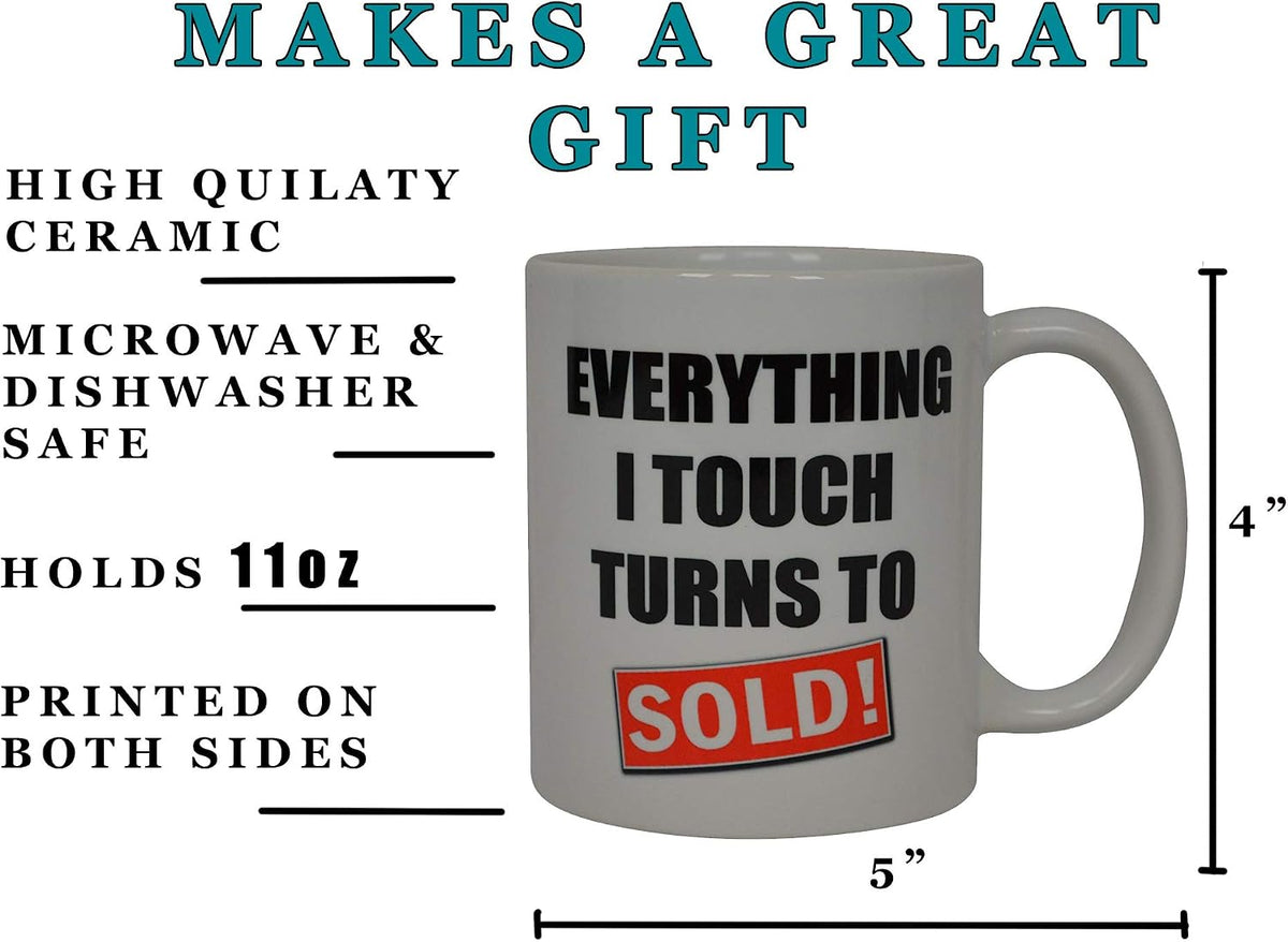 White ceramic novelty mug for realtors on a clean surface
