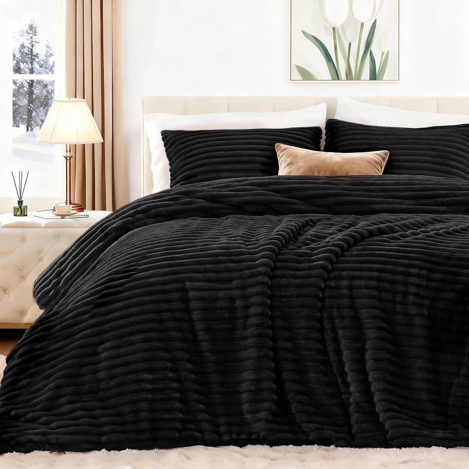 Exq Home Fluffy Comforter Set Queen Size black front view