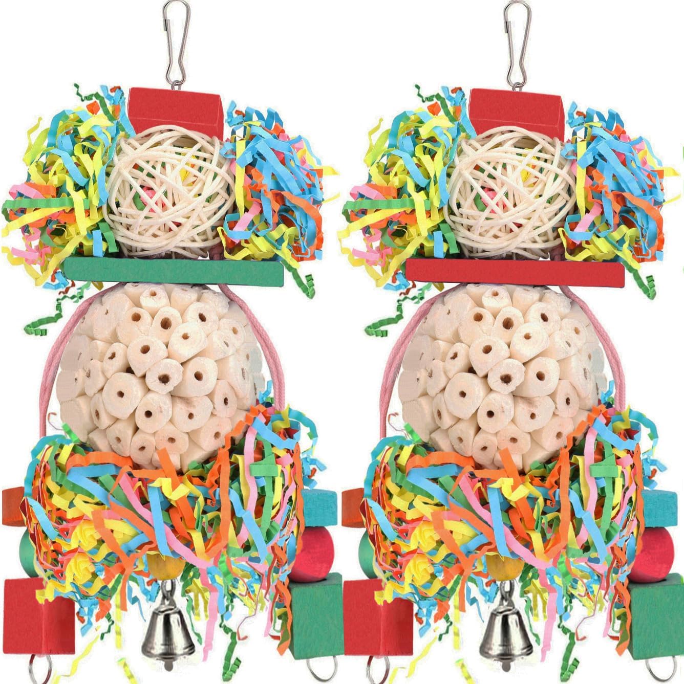 BBjinronjy hanging sola ball bird toys front view showcasing colorful crinkly paper and wooden blocks.