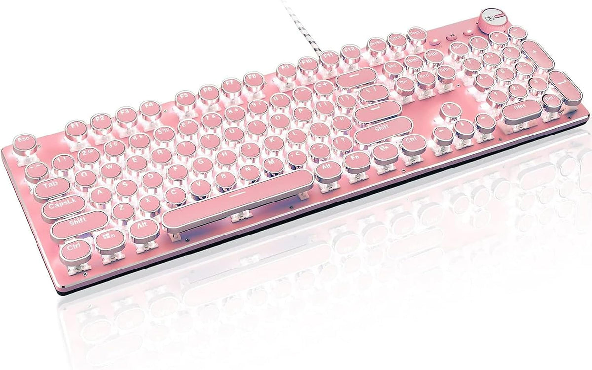 LexonElec Typewriter Style Retro Mechanical Gaming Keyboard, Vintage Steampunk with White LED Backlit, Wired 104-Key Blue Switch Cute Keyboard, Round Keycaps Knob Control for PC/Laptop/Mac (Blue) - Image 11
