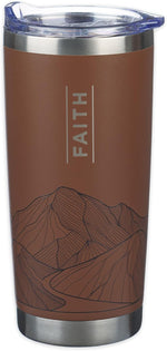Christian Art Gifts stainless steel travel mug front view showcasing mountain theme