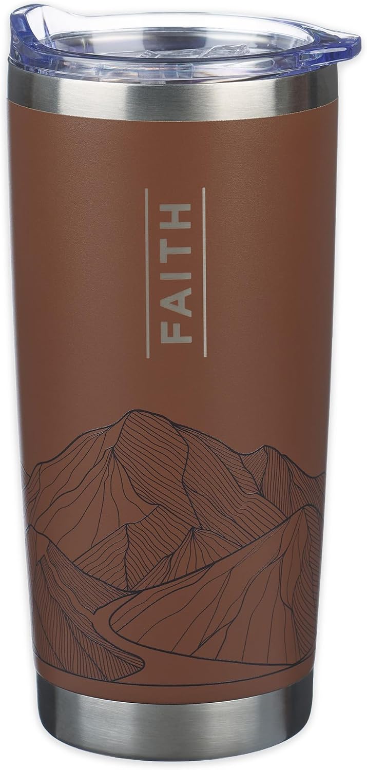 Christian Art Gifts stainless steel travel mug front view showcasing mountain theme