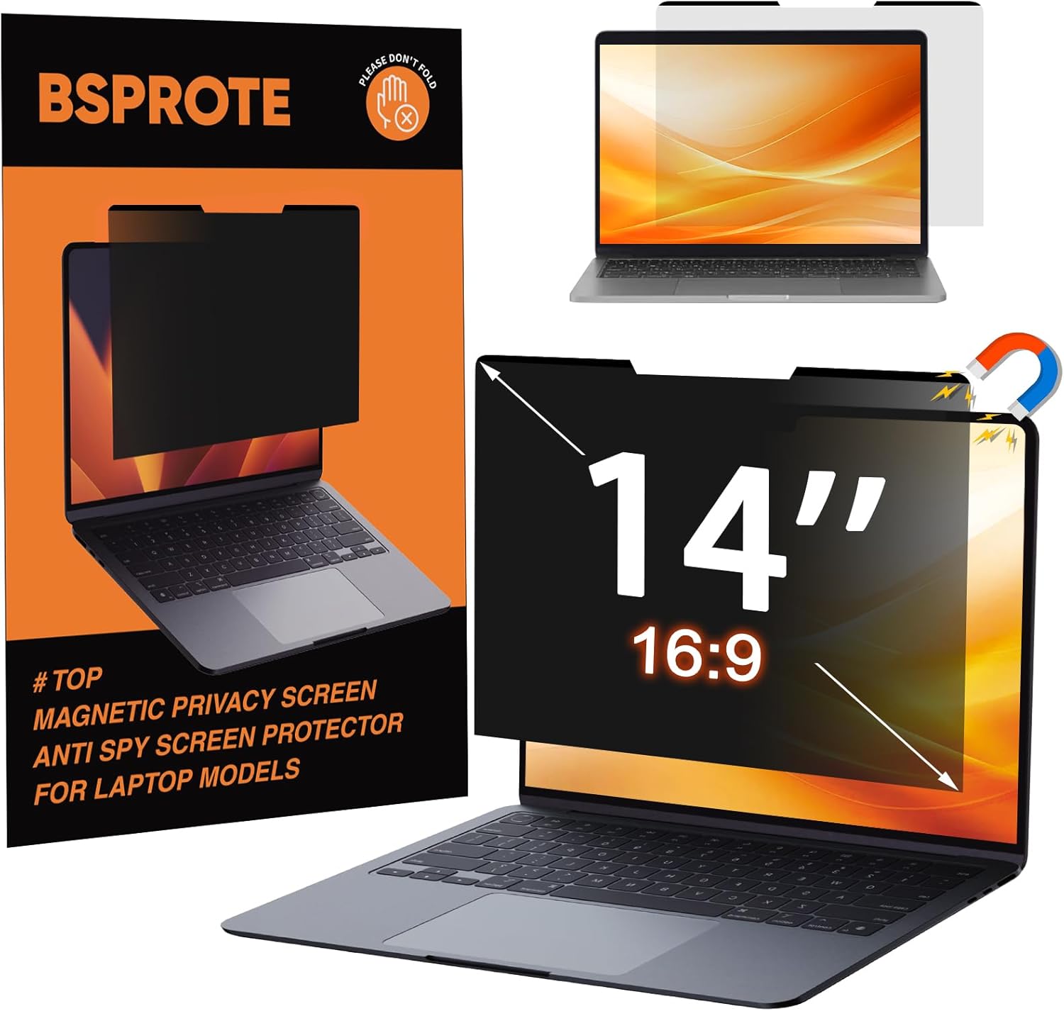 BSPROTE magnetic laptop privacy screen fourteen inch front view on a modern widescreen notebook computer.