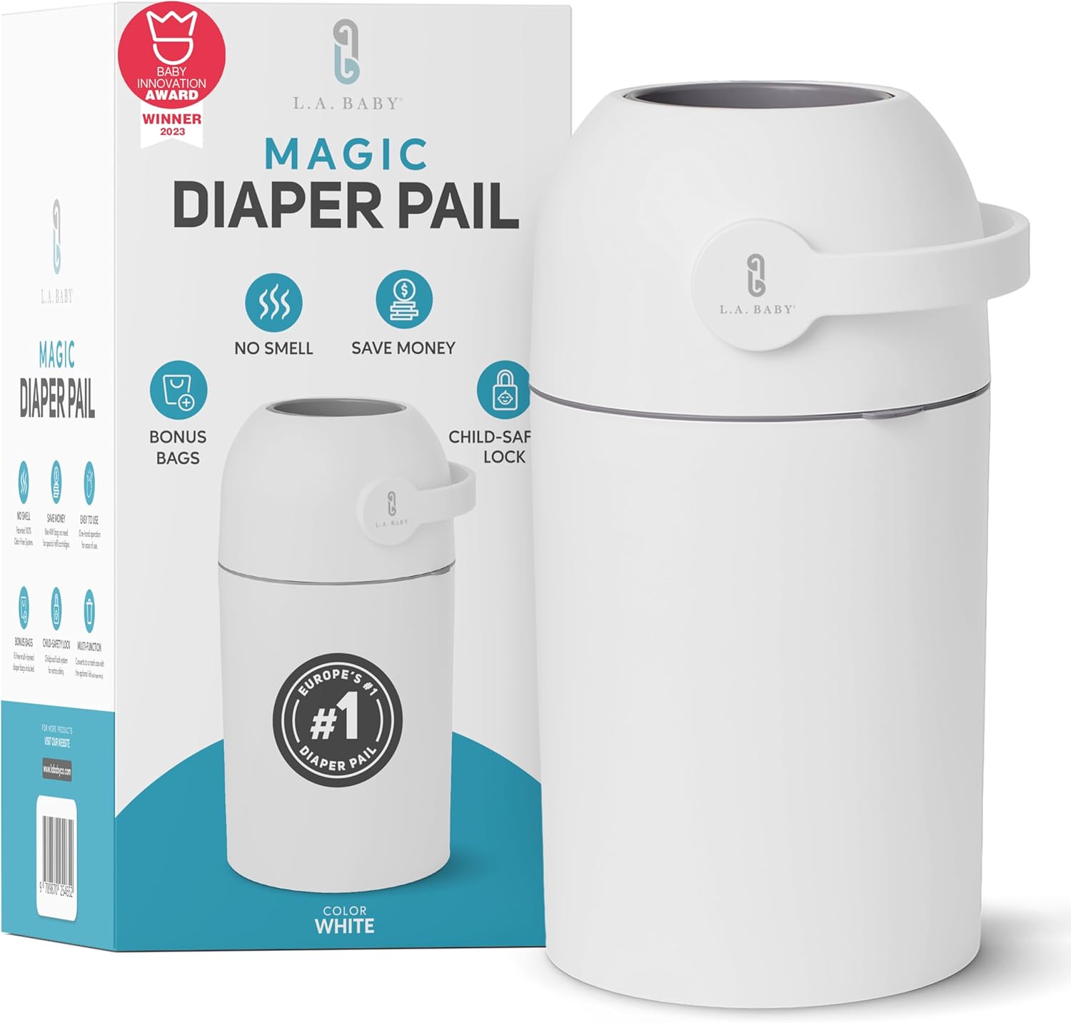 L.A. Baby Magic Diaper Pail white nursery waste bin front view