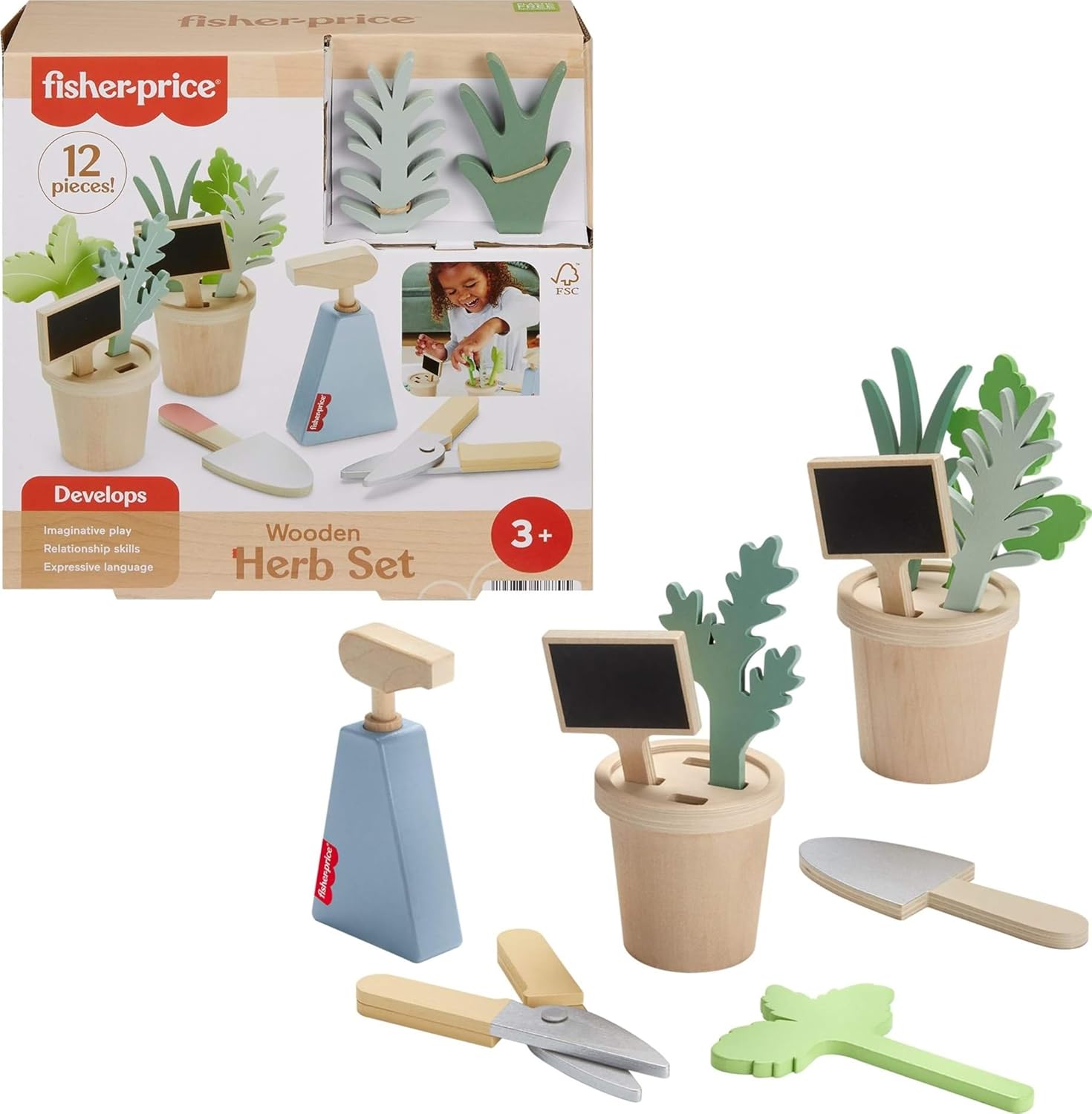 Fisher-Price wood pretend play toy herb garden front view showing the complete twelve piece set.