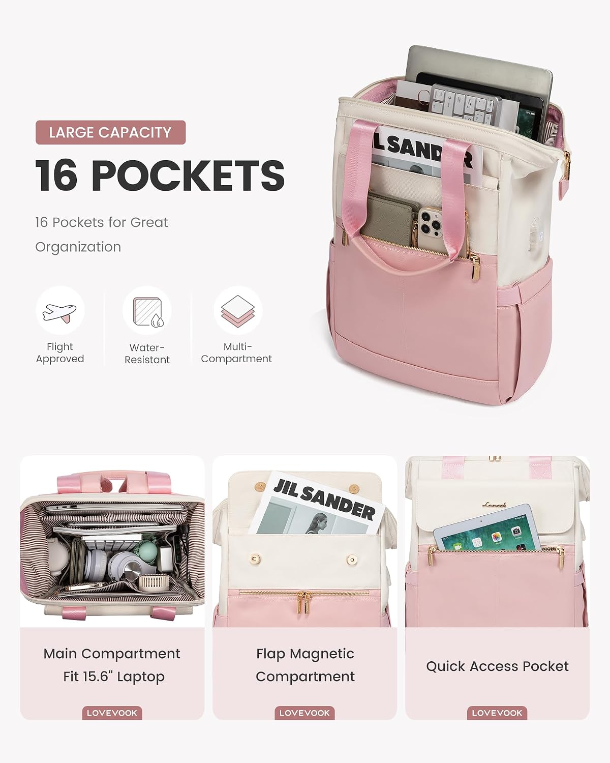 LOVEVOOK 17.3 Inch Laptop Backpack for Women, Large Capacity Travel Backpack with Organizer Bag, Waterproof Carry on Backpack Work Bag with USB Port, Teacher Nurse Backpack Purse,2PCS,Beige-Light Grey - Image 11