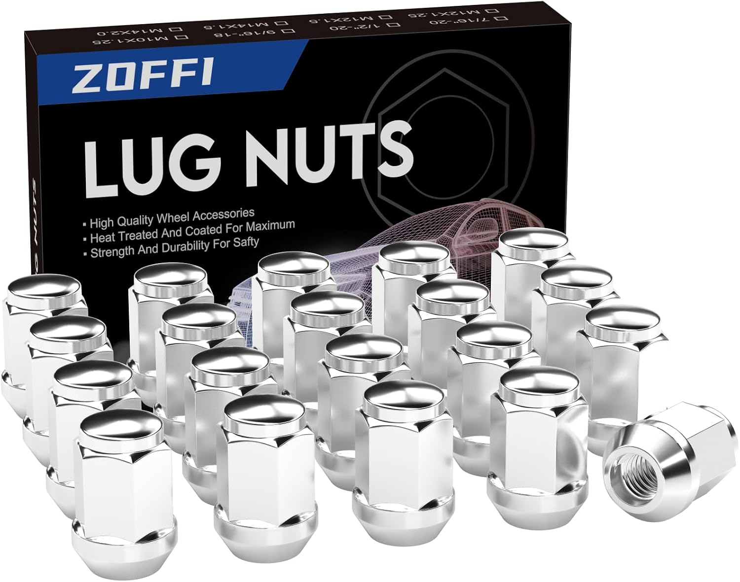 Zoffi M12x1.5 lug nuts front view showcasing chrome finish.