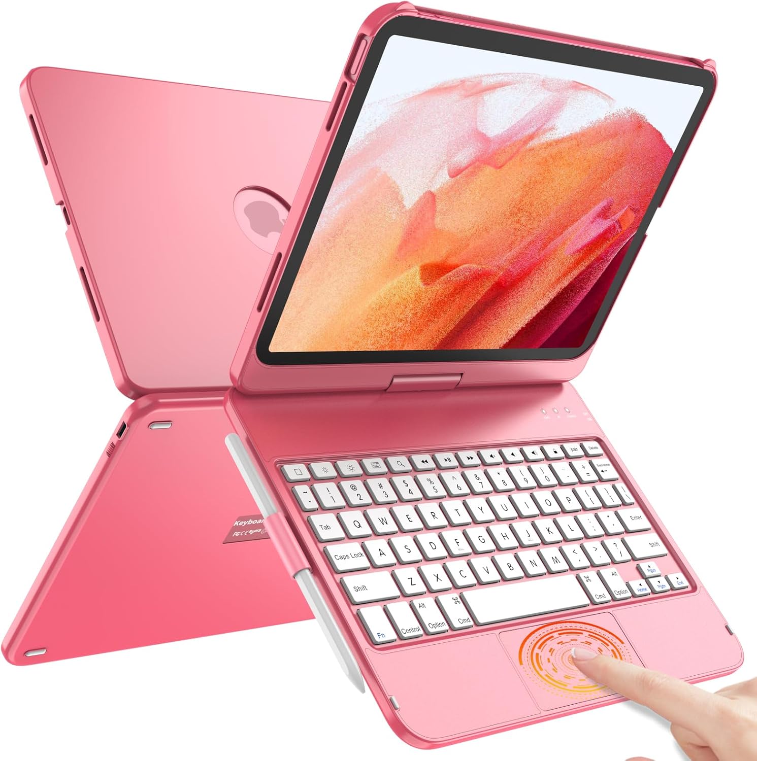 TQQ Touch iPad keyboard case front view showing trackpad and watermelon red color layout.