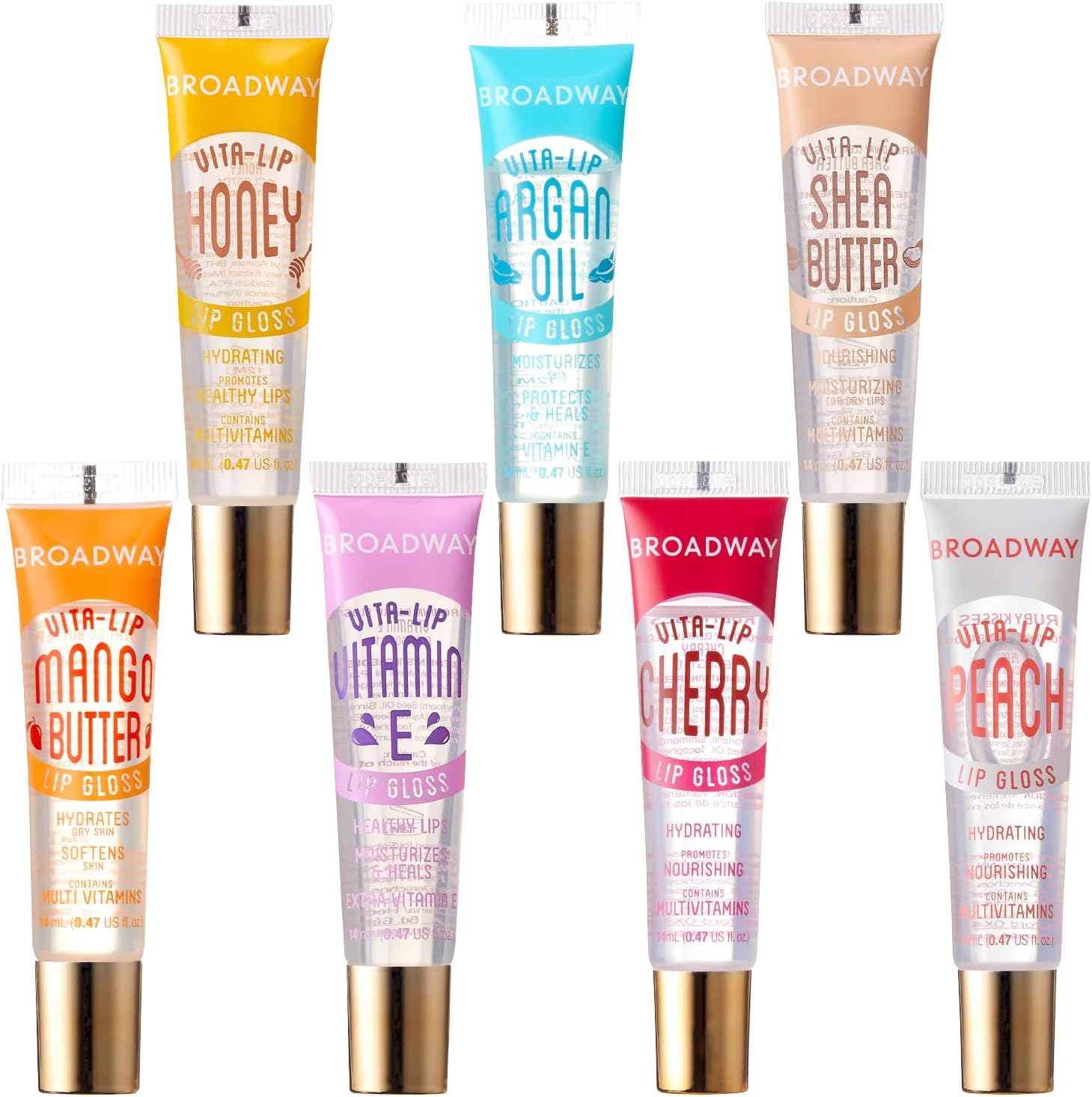 Ruby Kisses Broadway Vita-Lip Clear Lip Gloss (7 Pack) Ultra-Hydrating & Soothing Formula with Vitamins, High-Shine Non-Sticky Finish Lip Balm with Honey, Argan Oil, Shea, Mango Butter, Cherry, Peach - Image 1