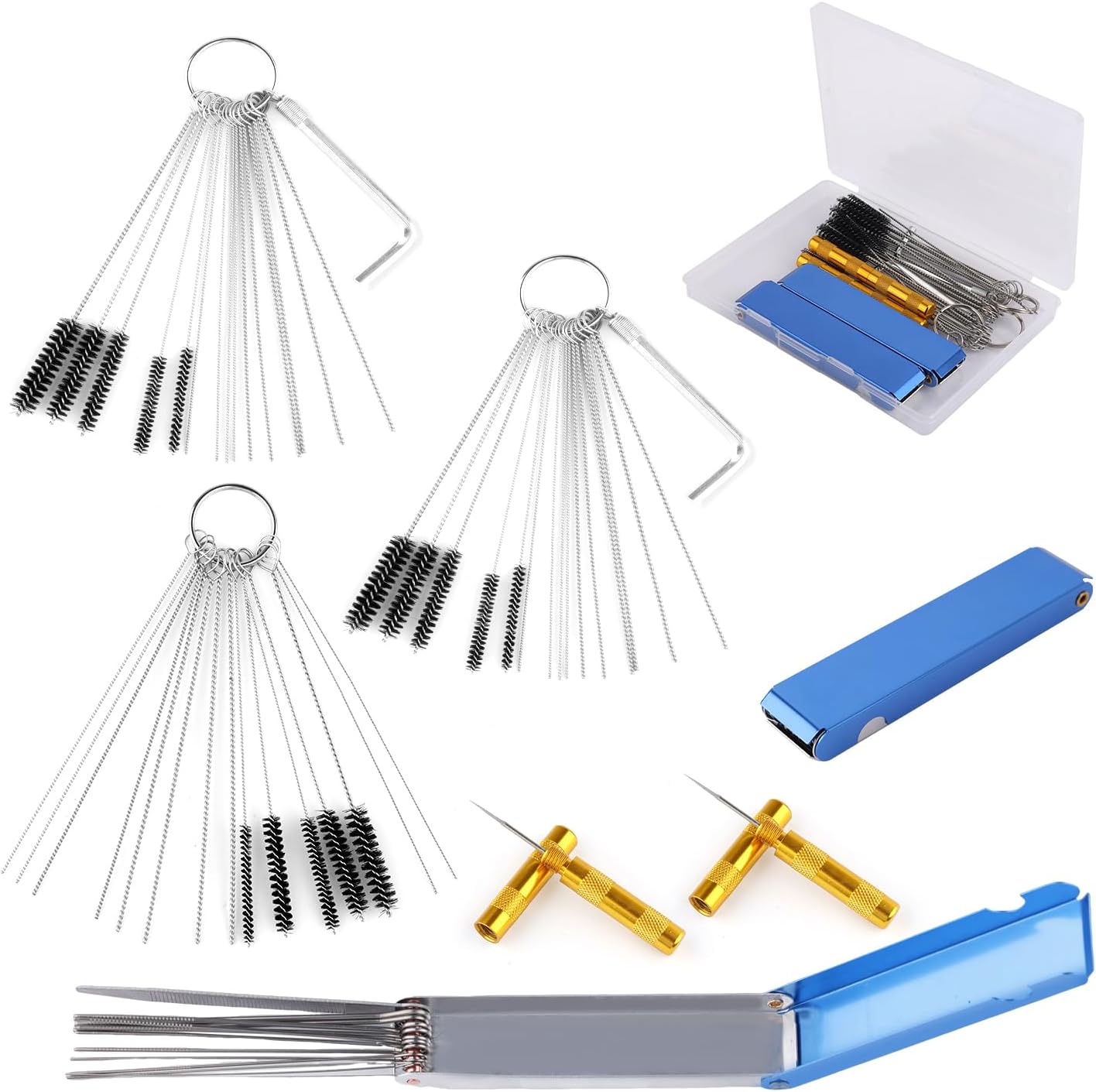 Tinoaly Carburetor Cleaner Kit front view displaying full assortment of stainless steel cleaning needles and nylon brushes.