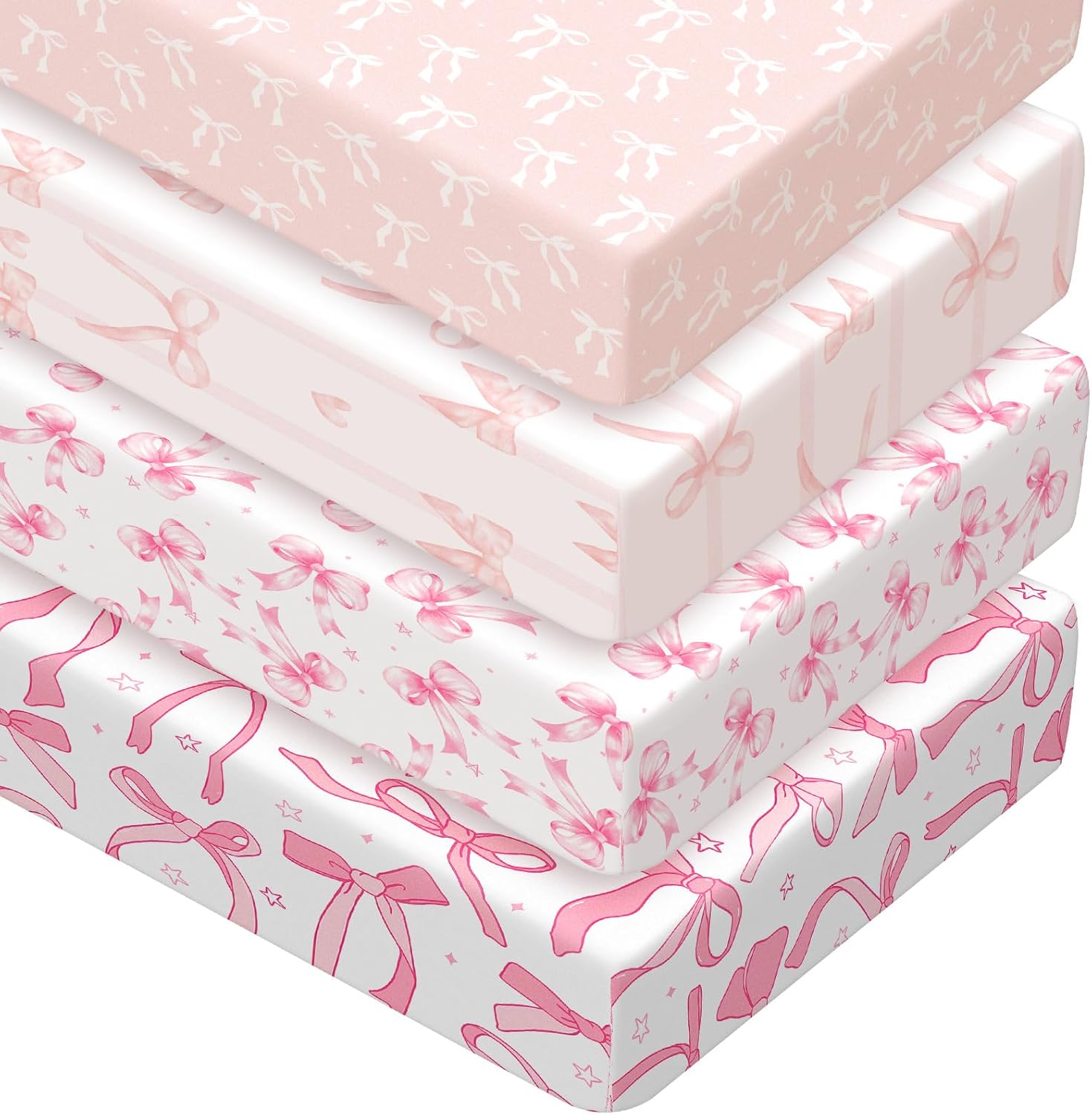 Peryiter 4 pack pink bow crib sheets front view
