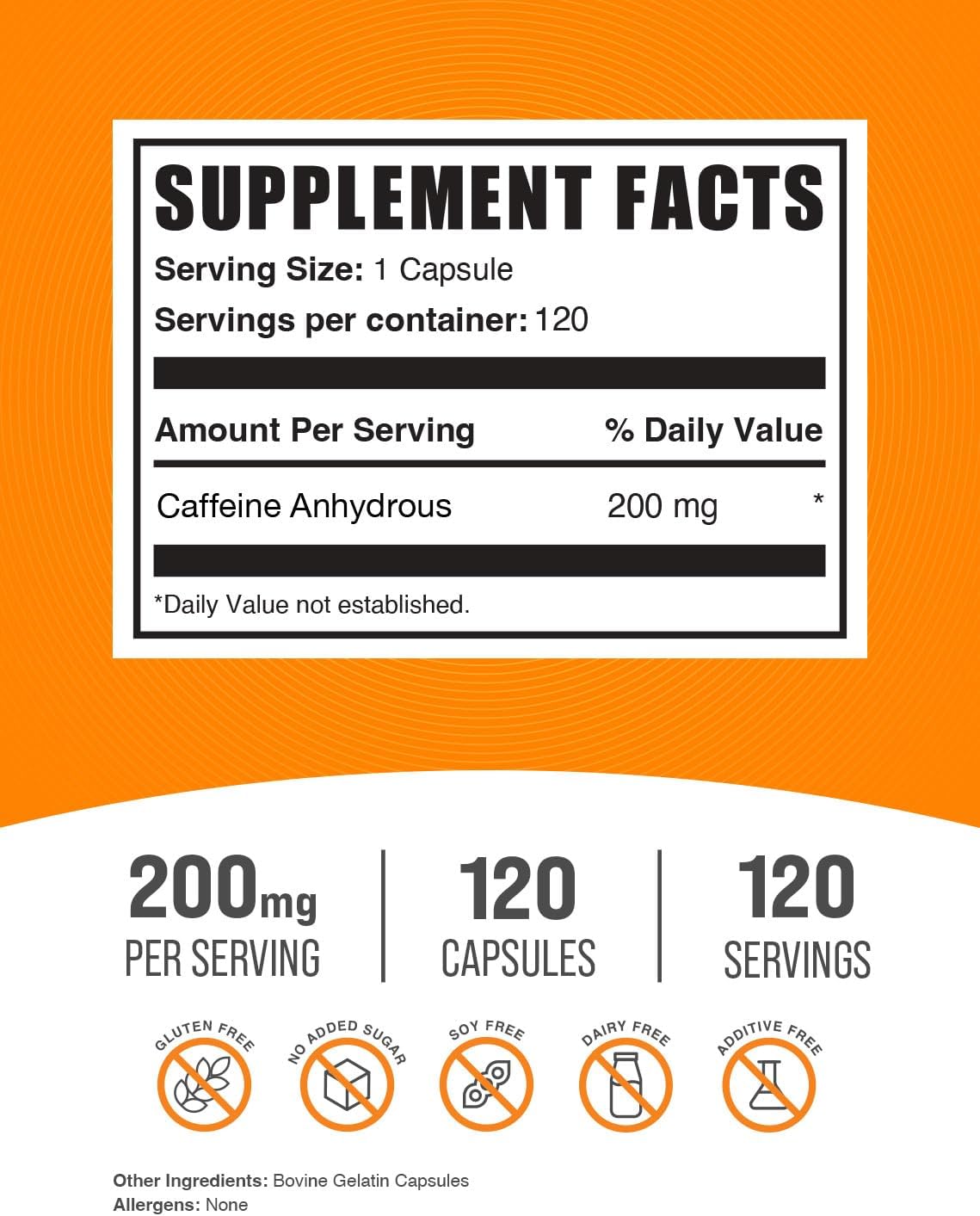 BulkSupplements caffeine pills 120 count packaging showing serving size facts