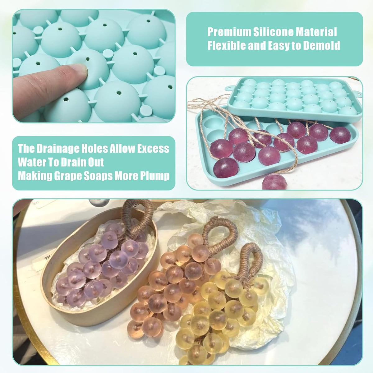 Close up of pink and mint green silicone grape molds