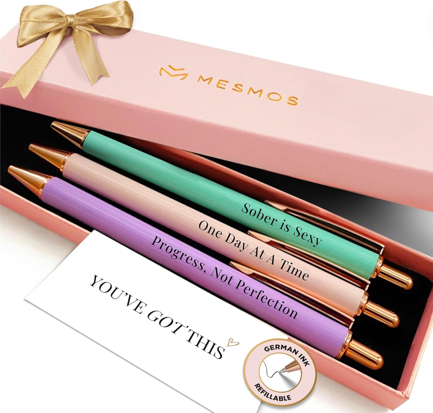 MESMOS sobriety gifts for women 3 pack pen set front view showing pastel colors