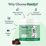 Pawfy anti itch pet supplement container showing weight based feeding guidelines for dogs