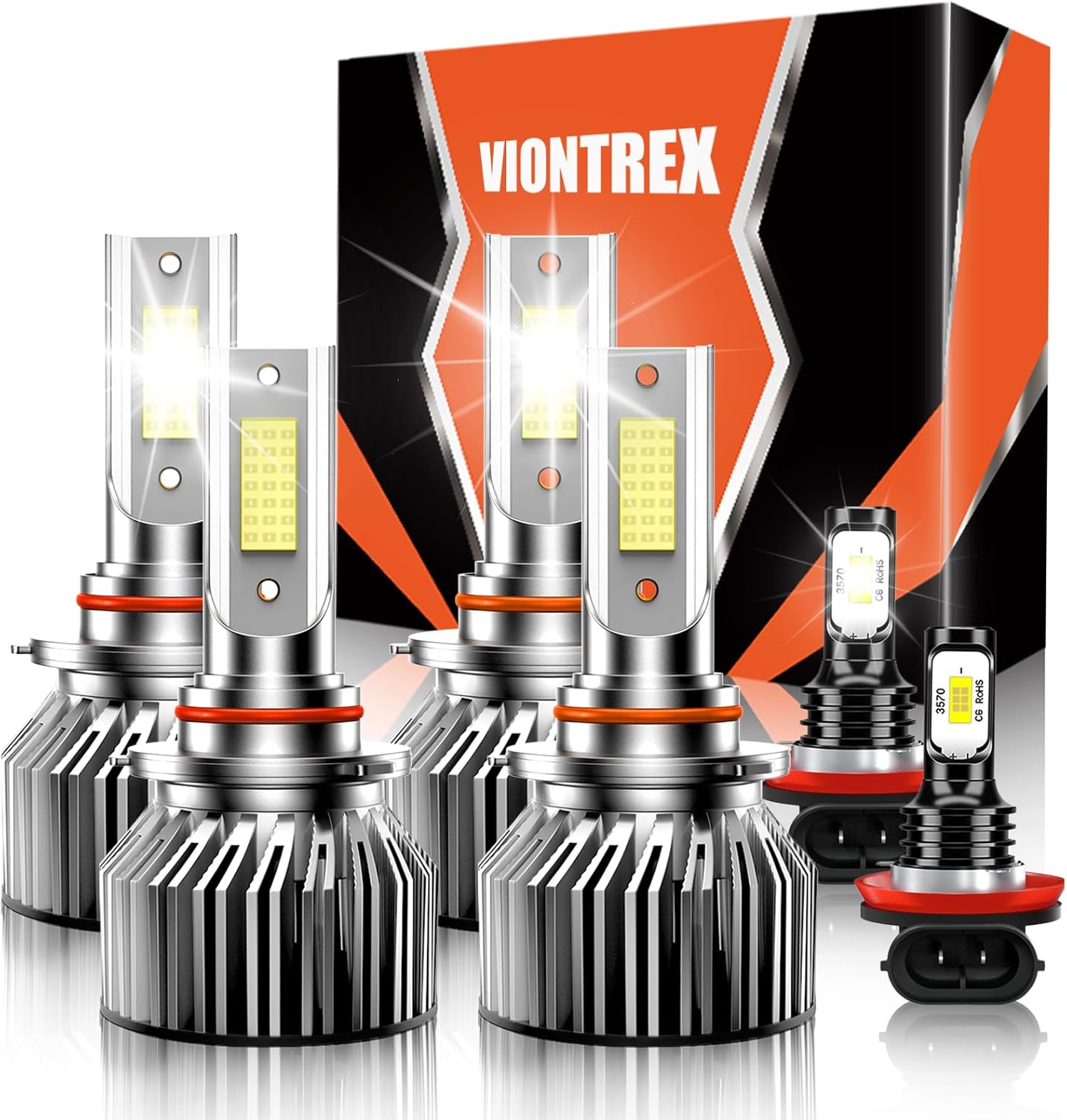 Viontrex LED headlight and fog light bulb pack front view showcasing the complete six piece kit.