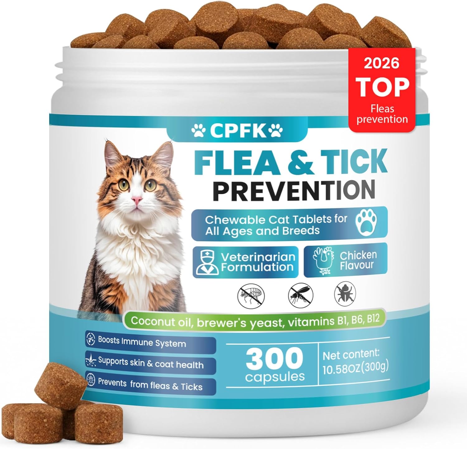 CPFK Chewable Flea and Tick Prevention for Cats 300 tablets bottle front view