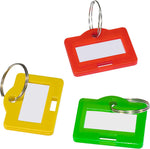 Assorted colored plastic key tags arranged in a stack.