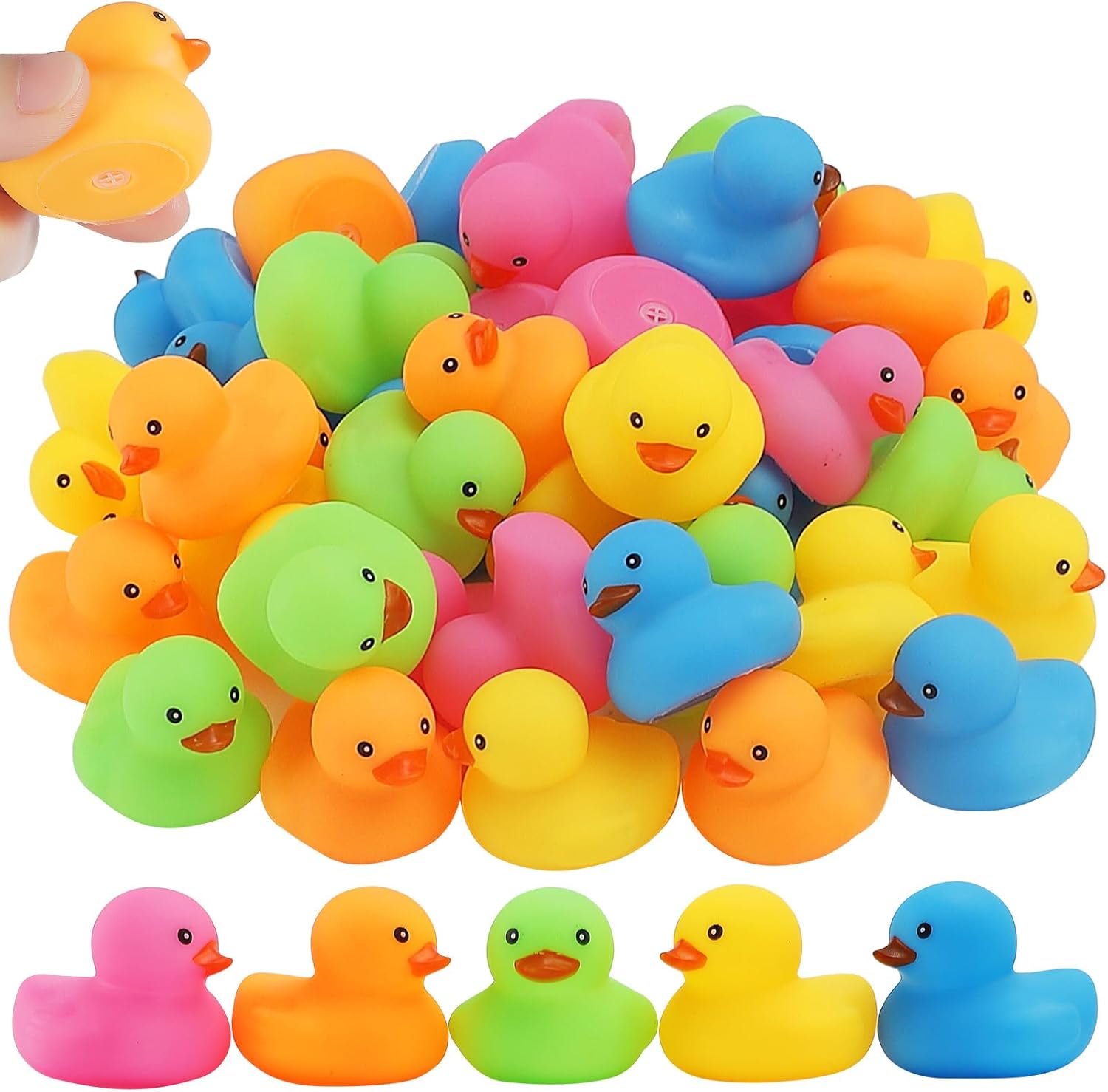 Ensbelei mini rubber duck bath toys fifty piece bulk package front view showing assorted colors.