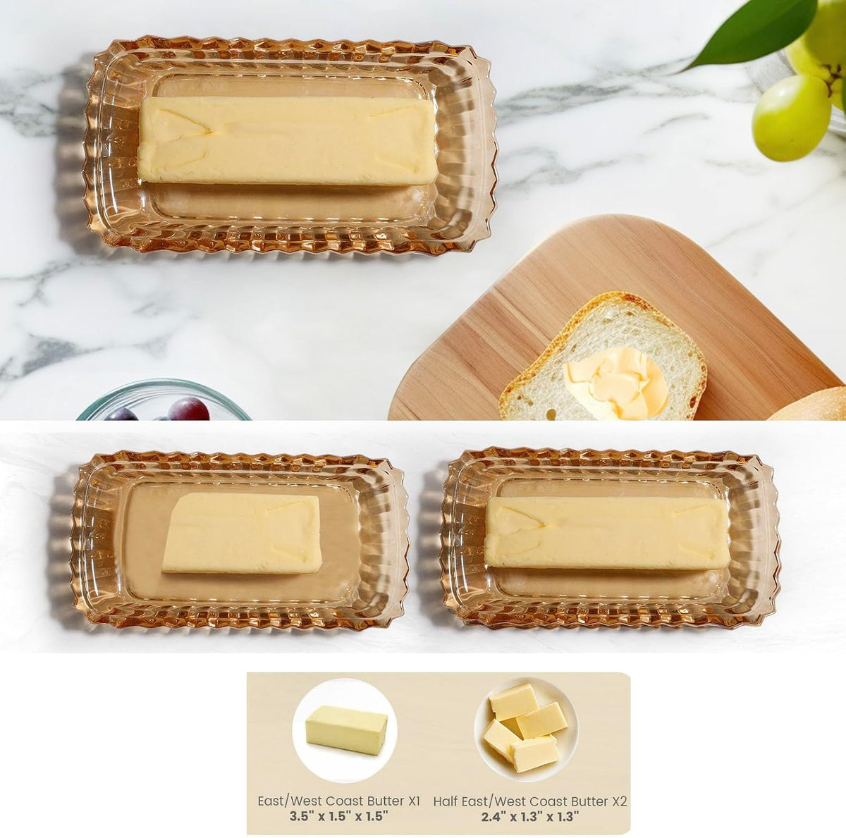 Mamalucky decorative glass butter holder styled on a kitchen table