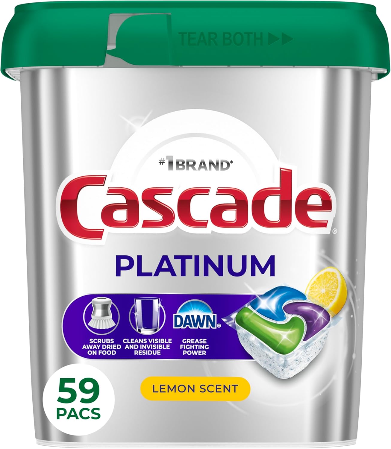 Cascade Platinum Dishwasher Pods, Dishwasher Detergent, Dish Detergent Soap, Lemon, 59 Count - Image 1