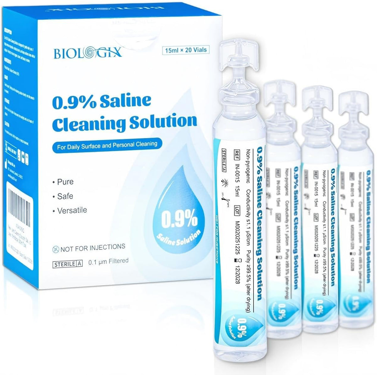 Drosoking 0.9 percent saline cleaning solution box front view with sterile individual vials